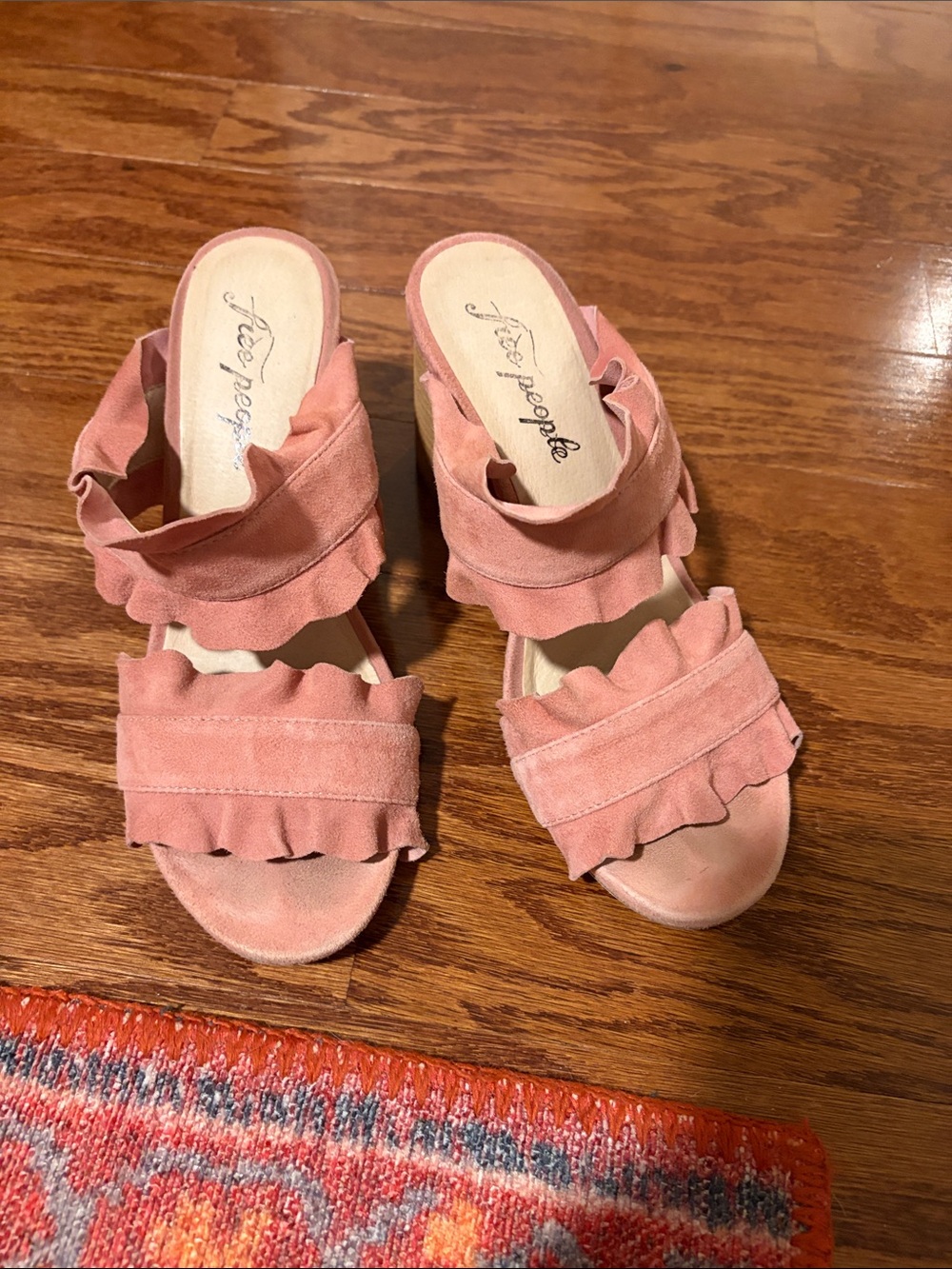 Used Free People Ruffled Pink Block Heel Mules - Picture 4 of 11